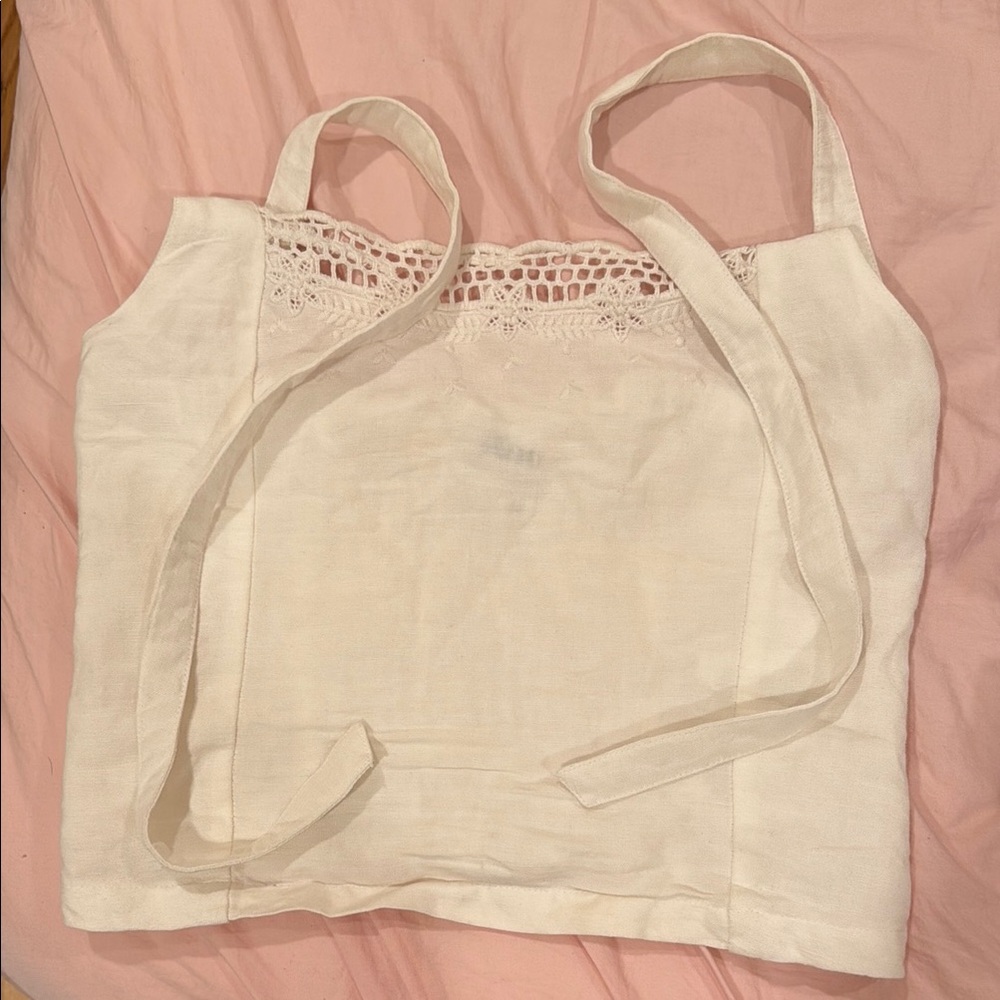 Rouje White Lace-Trim Linen Crop Top
